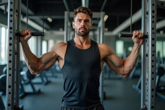 Homme musclé effectuant un tirage poulie dos en prise neutre sur une machine à câble dans une salle de sport moderne