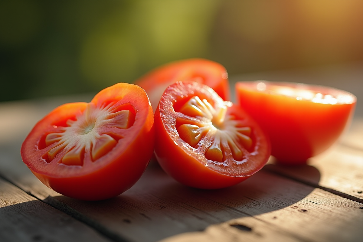 Tomate cerise coupée en deux sur une table en bois rustique