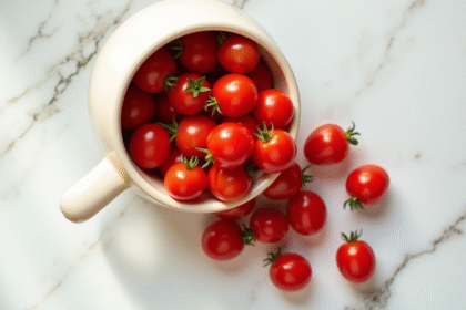 Une poignée de tomates cerises fraîches sur un plan de travail blanc