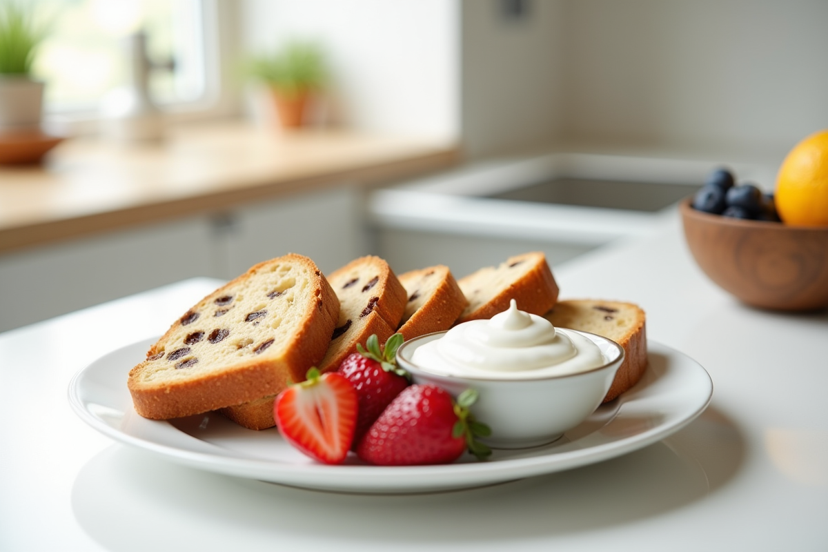 Tranches de pain aux raisins avec fruits frais et yaourt dans une assiette