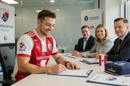 Joueur de football de Valenciennes FC signant son contrat de transfert lors d'une conférence officielle du club