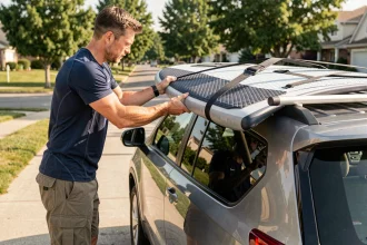 Homme en train de fixer un stand-up paddle sur le porte-bagages d'un SUV dans une allée résidentielle