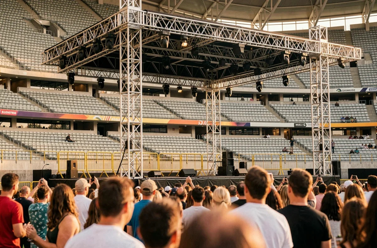 Tribune fermée derrière la scène du Stade de France lors d'un concert avec barrières de sécurité visibles