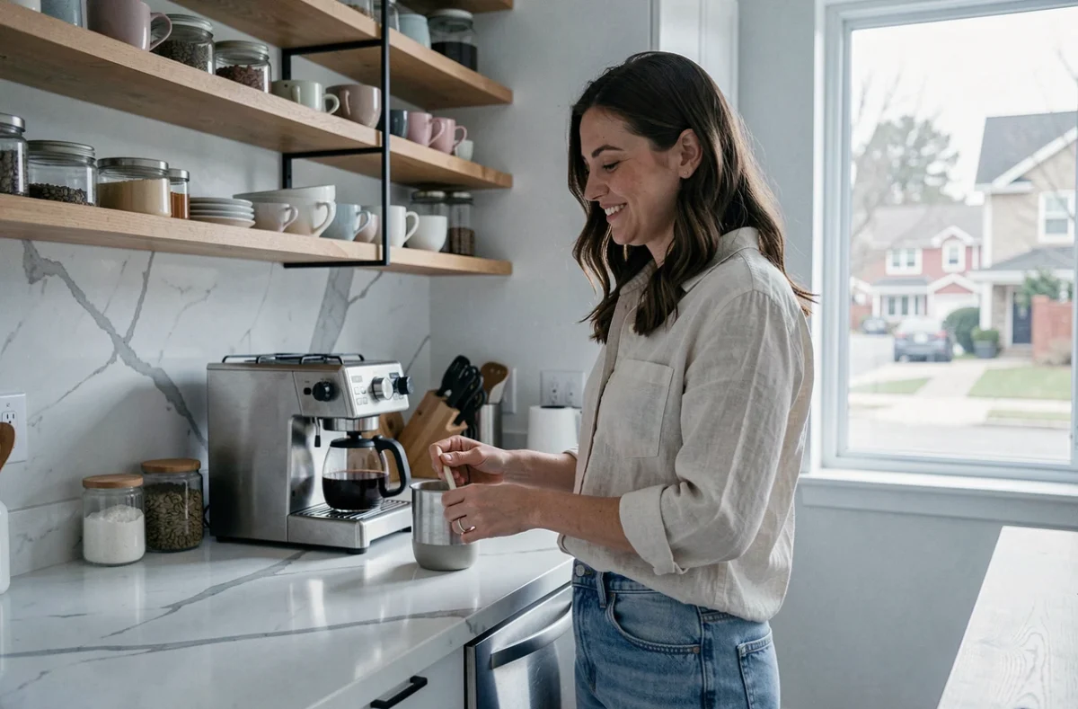 Femme dans une cuisine moderne préparant un café, portrait de la vie quotidienne de la compagne d'un créateur de contenu football